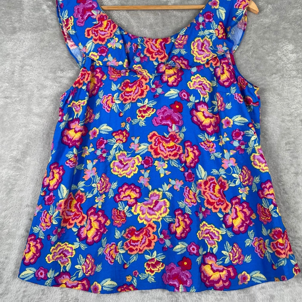 Emily Wonder Blue Floral Ruffle Tie Back Sleeveless Blouse Top NWT Size Medium